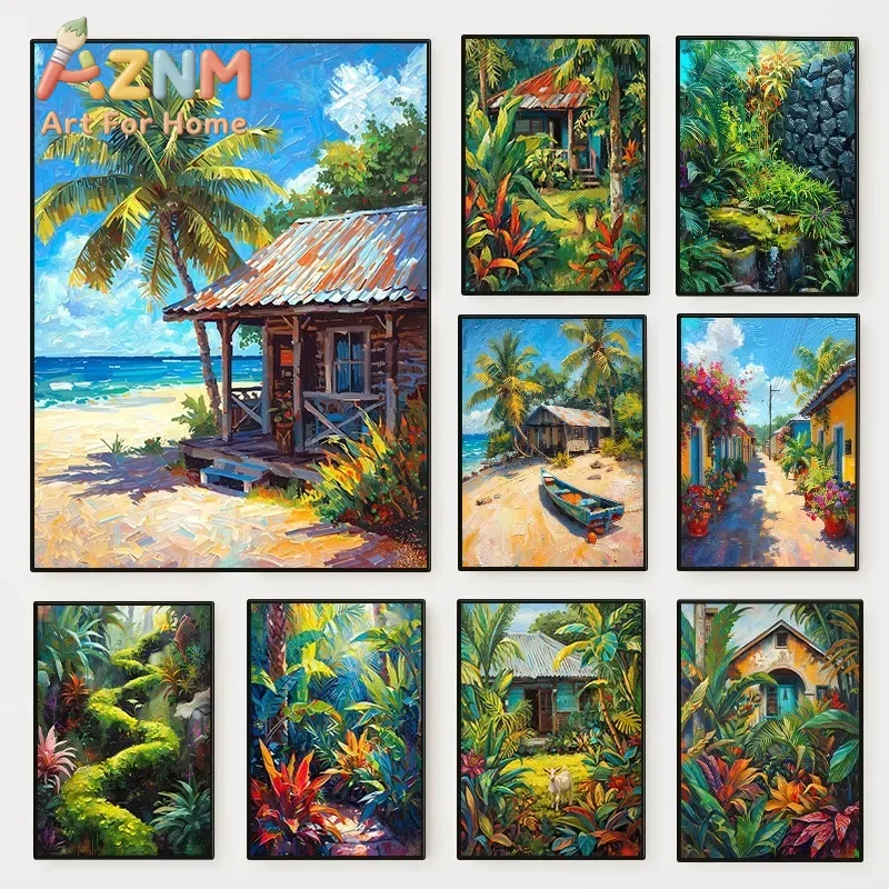 Tropical Beach  Island Landscape Poster Caribbean Style River Botanical Scenery Canvas Painting Wall Art Living Room Home Dec