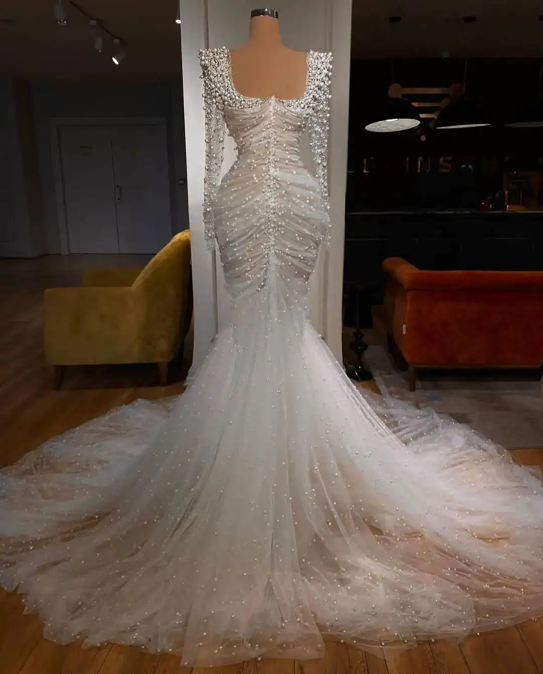 Exquisite Mermaid Wedding Dresses For Women O Neck Long Sleeves Bridal Gown Pearls Sequins Ruffles Sweep Train Customized Dress