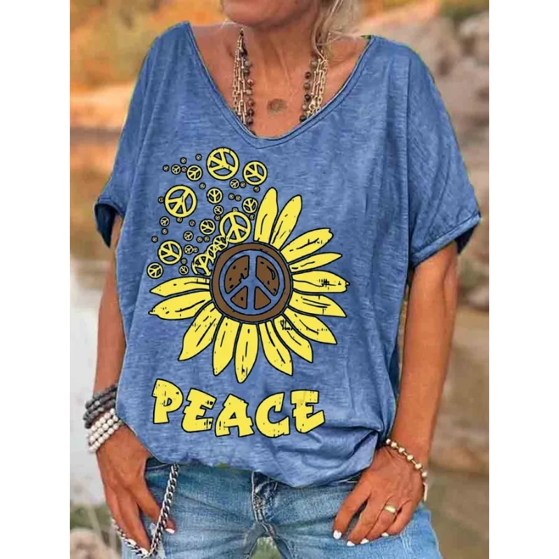 ilstile Women's Hippie Peace Print T-Shirts Summer Beach Holiday Short Sleeve T Shirt Casual Loose V Neck Tops Tees NEW