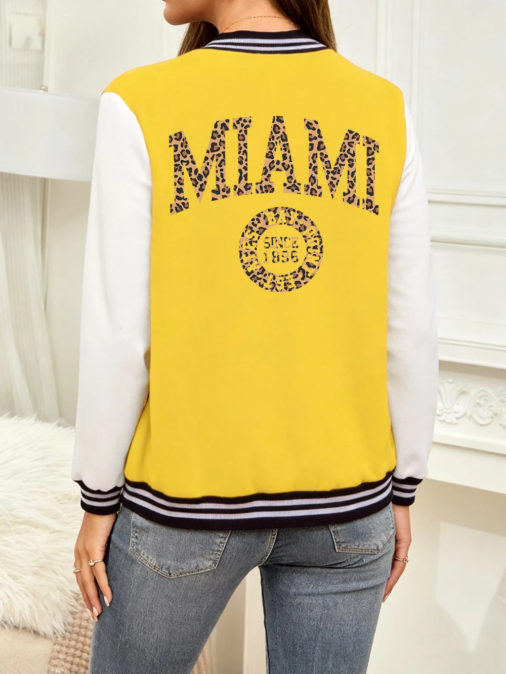 

Miami Bay Point Est. 1896 Leopard Prints Baseball Coat Womens Basics Sporty Jackets Street Pocket Tops Winter Warm Woman Clothes