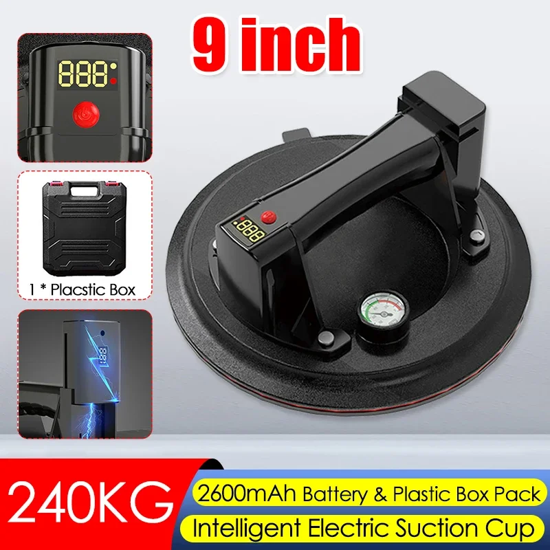 

9inch Electric Vacuum Suction Cup for Granite Glass Tile 240KG Bearing Capacity Moving Lifter Air Pump with 2600mah Battery