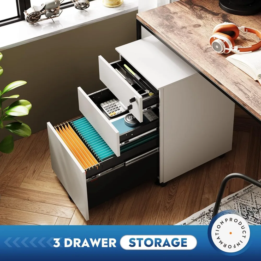 Under Desk 3-Drawer Metal File Cabinet for Legal/Letter/A4 Files, Lockable Storage with Wheels Not Included