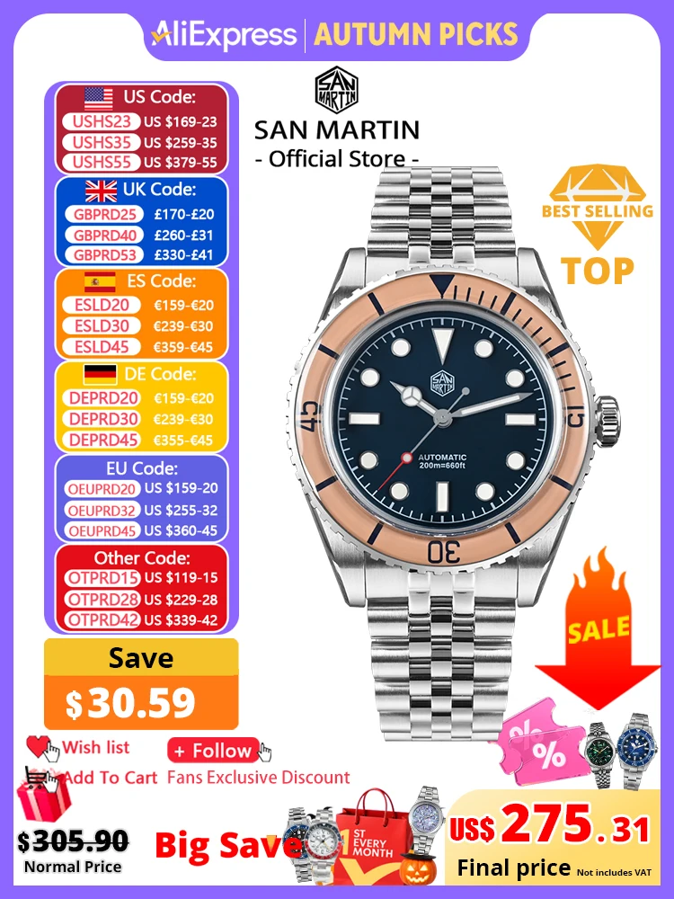 San Martin Vintage Luxury Men Dive Watch 40mm NH35 Automatic Mechanical Sapphire Bezel J-type Bracelet Waterproof 200m SN0133