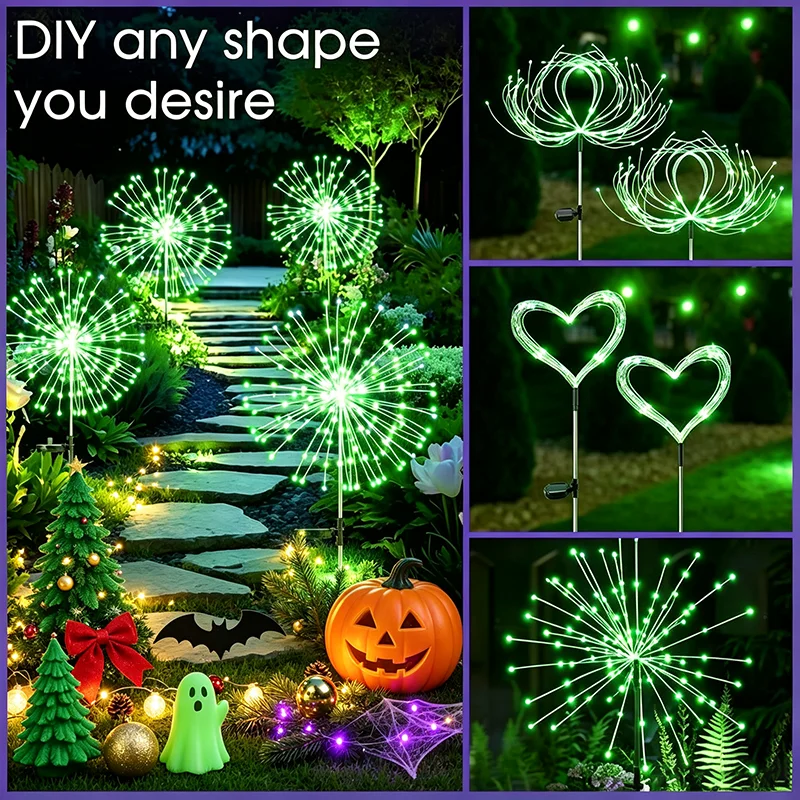 Solar Firework Lights Outdoor Green & Blue LED Garden Stake Lights for Halloween Christmas Yard Pathway Patio Decor