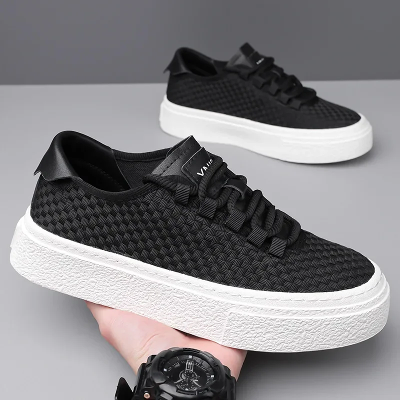 

Новая мужская кожаная повседневная обувь, вязаная обувь на толстой подошве, туфли для скейтборда на плоской подошве, туфли на платформе со шнуровкой