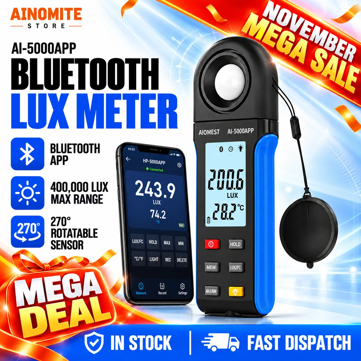 Light Illuminance Meter w/Bluetooth,Foot Candle Gauge 400,000 Lux Data Logging, 270° Rotated Sensor, Luxmeter W/ Temperature