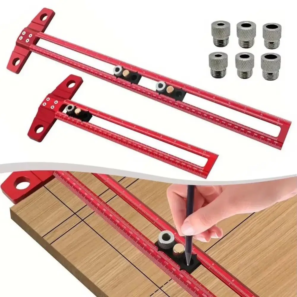 2 in 1 Line Marking Ruler Aluminum Alloy T Square Drilling Positioning Scoring Ruler with 6/8/10mm Drill Sleeve