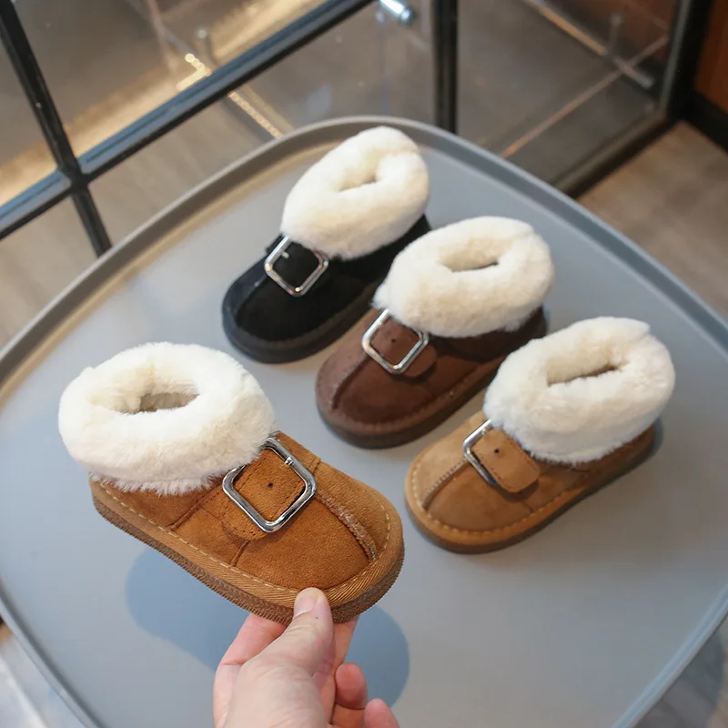 Children's Korean Version Low Top Hairy Mouth Snow Boots 2024 Winter Boys and Girls with Thick Plush Solid Color Cotton Boots