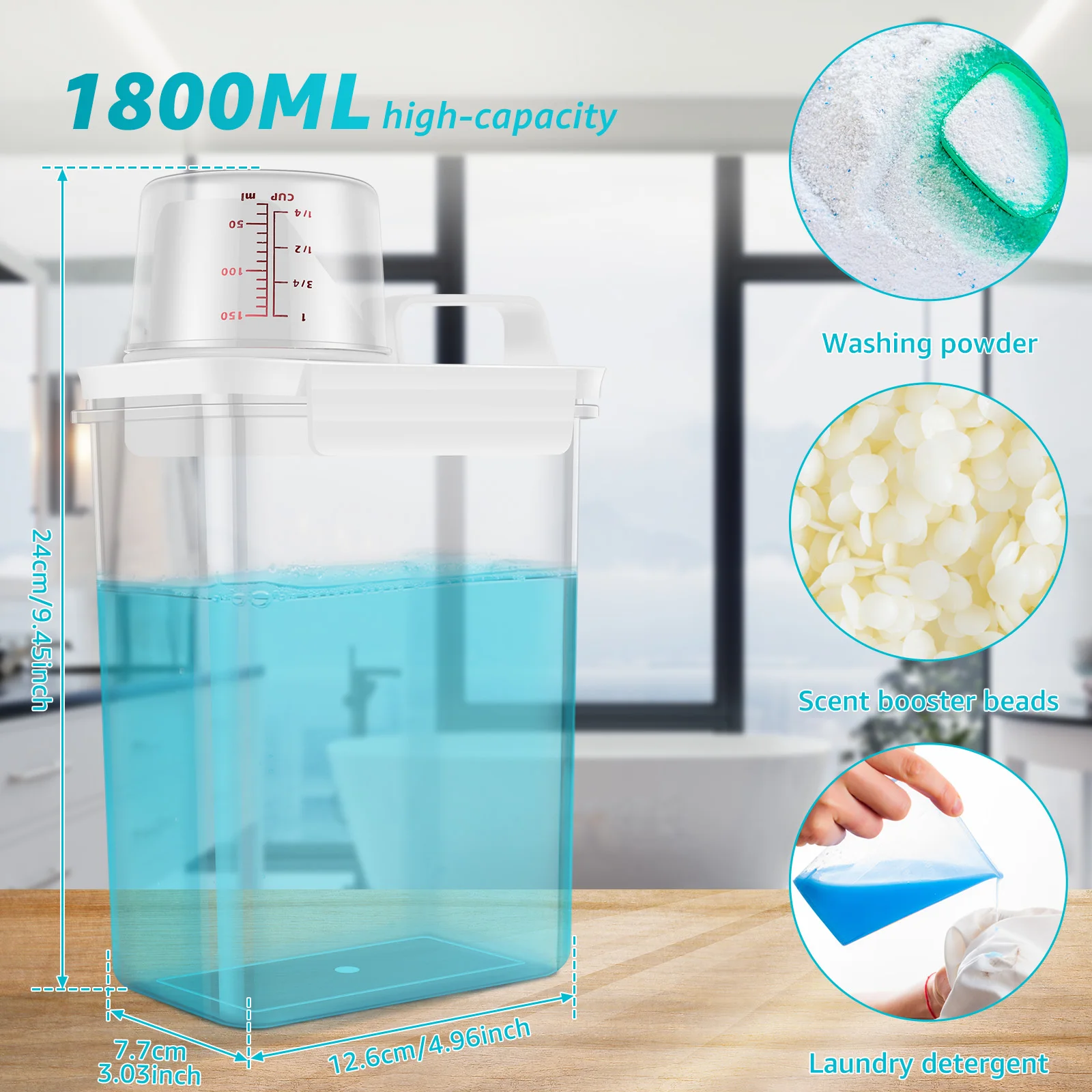 2Pcs Laundry Detergent Dispenser 1800ml Laundry Soap Dispenser with Measuring Cup Clear Liquid Laundry Detergent Dispenser with