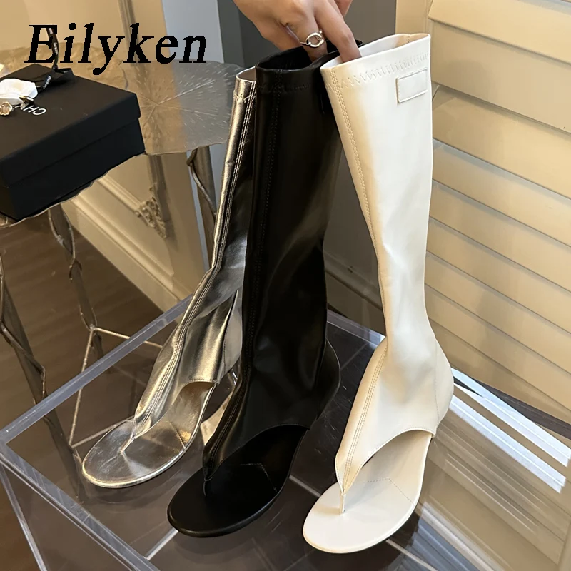 Eilyken Clip Toe Low Heels Knee High Boot Sandals Woman Fashion Zipper Banquet Summer Shoes Designer Flip Flops Botas Mujer