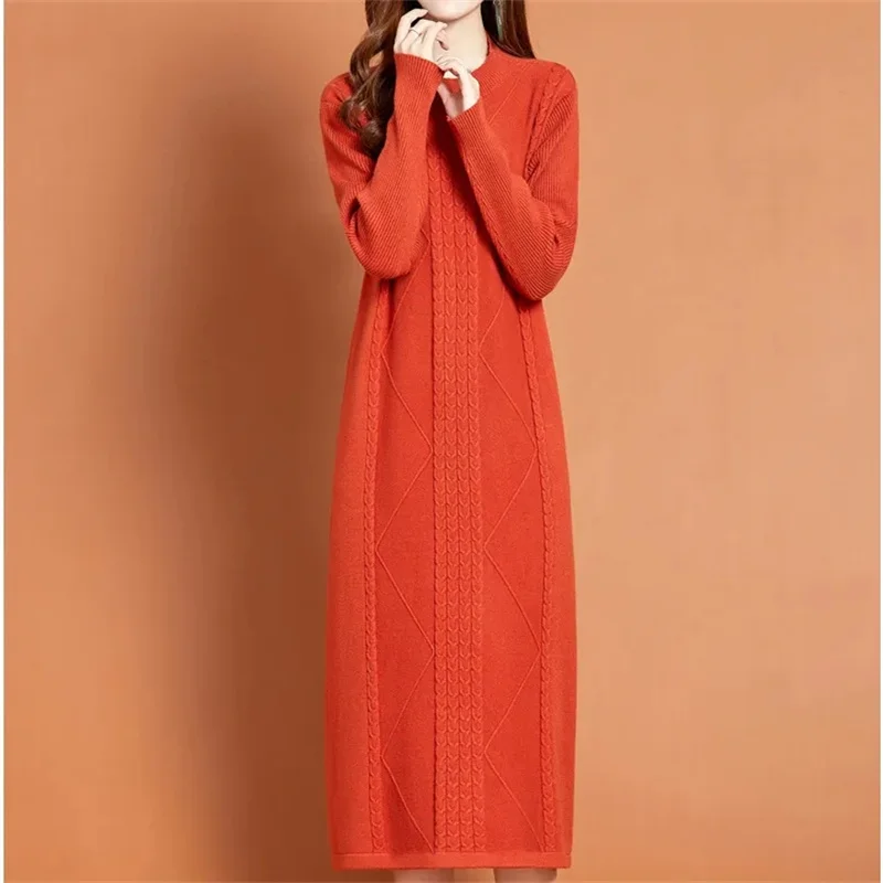 NEW Autumn Winter Large Size Covering Belly Dress Middle Aged Elderly Mother Retro Long Knitted Sweater Dresses Vestidos Mujer