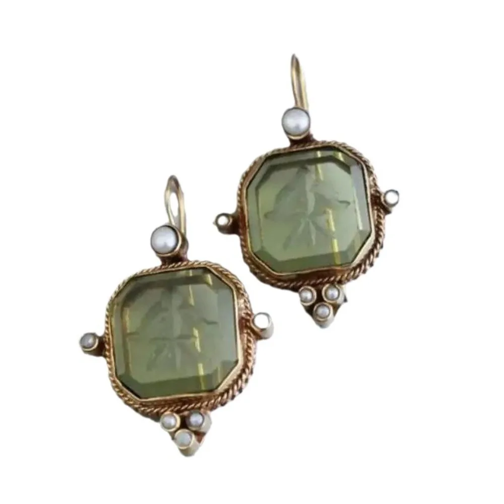 Fashion Square Shape Dangle Earrings New Vintage Trend Green Color Pearl Sweet Elegant Green Zircon Earrings Jewelry Accessories