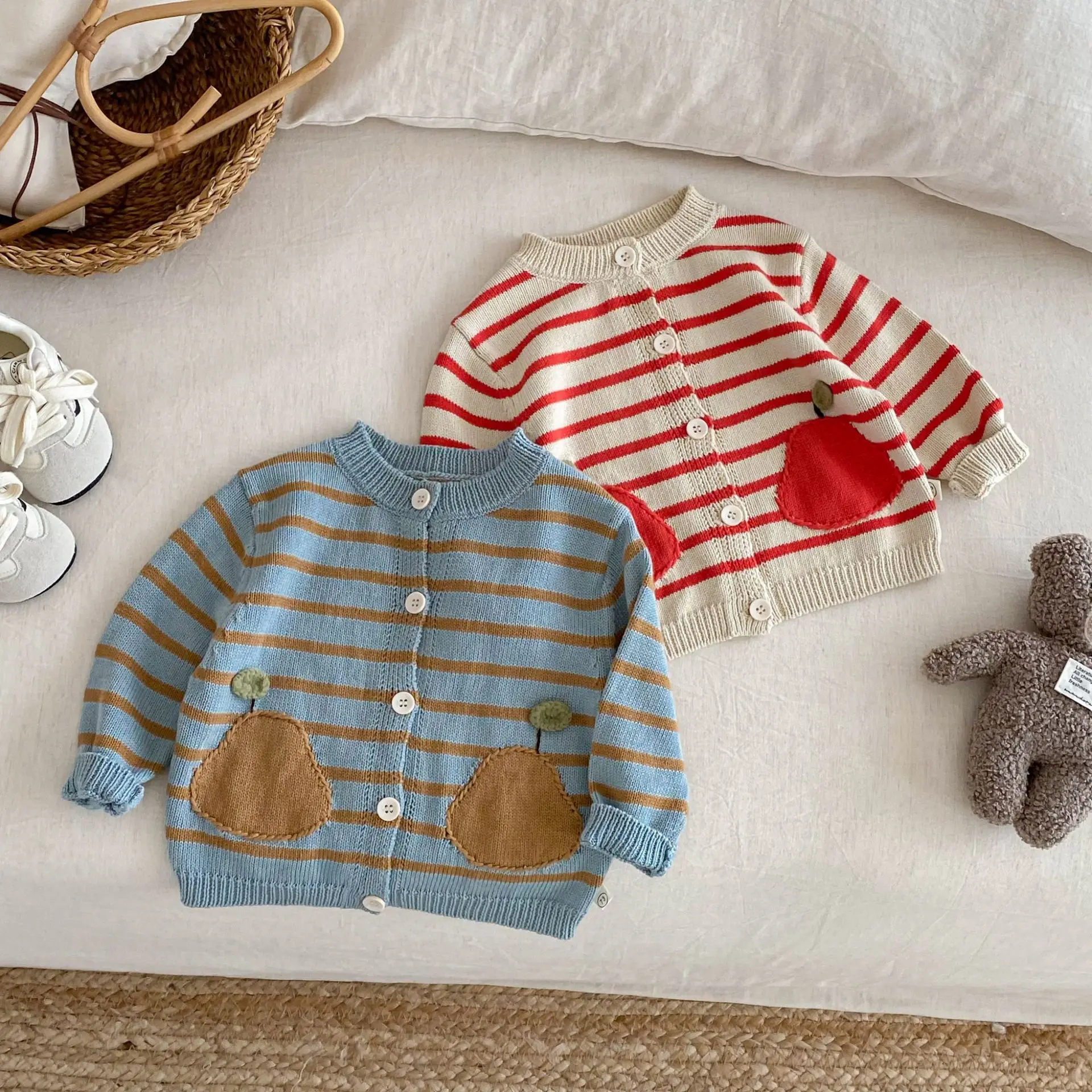 

2025 New Baby Autumn 0-5Y Kids Girl Boy Clothes Cotton Knitted Cardigan Striped Pear Sweater Coat Autumn Warm Knitwear Outfit