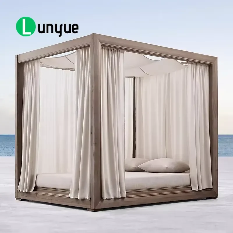 Teak Wood Double Sofa Bed Outdoor Furniture High End Sunbed for Hotel Poolside Lounge Garden Patio Waterproof Durable