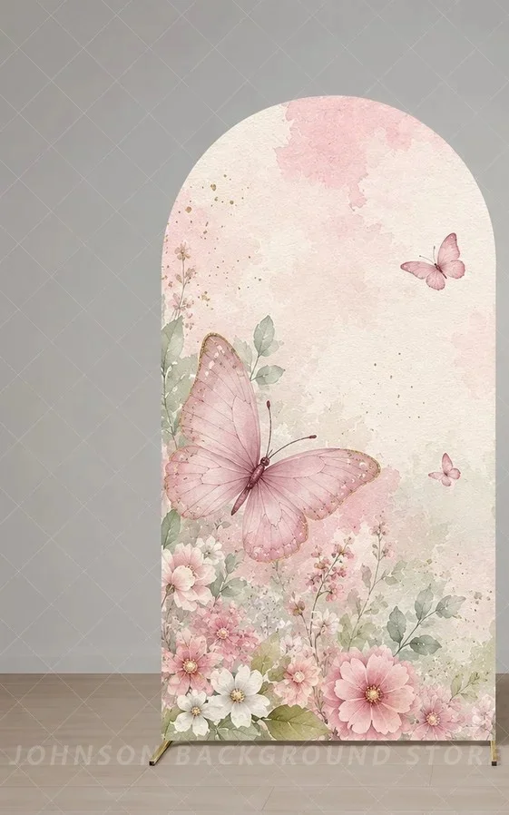 Pink Butterfly Flower leaf Arch Backdrop Cover Pastel Garden Birthday Party Background Panels for Girls Celebration