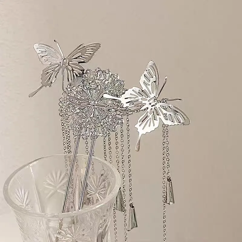 Horquillas de estilo antiguo, borlas plateadas, sombreros Hanfu, horquillas de estilo chino, accesorios para el cabello y sombreros de mujer