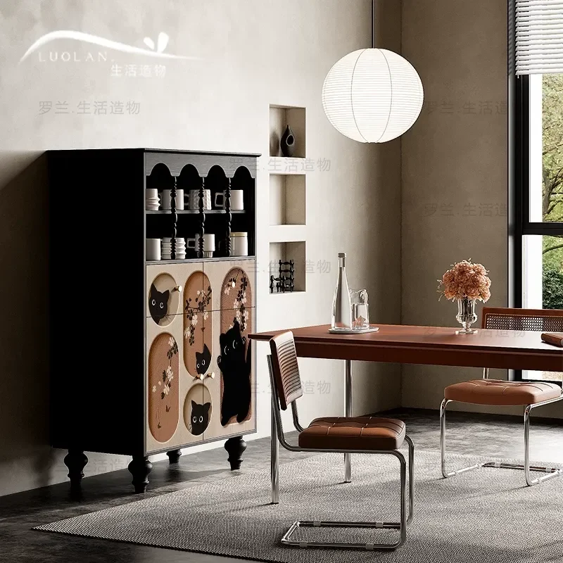 Cream Style Cat Solid Wood Dining Side Cabinet Cute Locker Living Room Kitchen Storage Integrated Cabinet