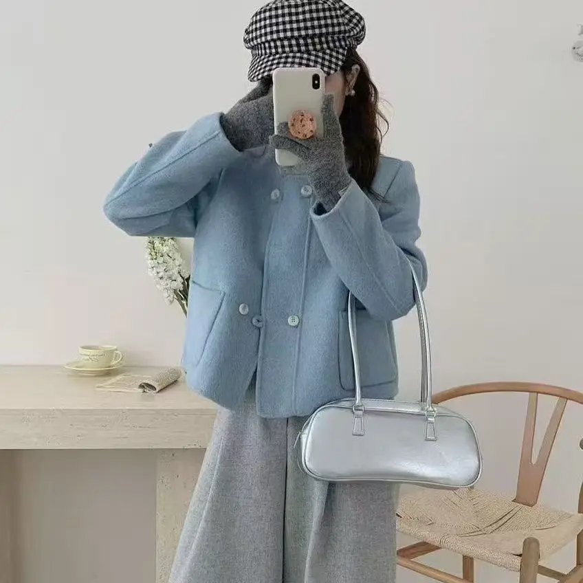 

Женское шерстяное пальто Ele ort с круглым вырезом и одной пуговицей, осенне-зимняя новинка, 100% полиэстер