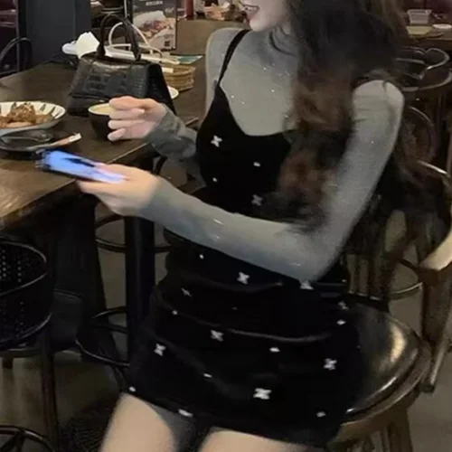 부잣집 딸 슬리브 드레스 여성용 가을 겨울 부잣집 딸 벨벳 슬림핏 여성용 드레스 원피스 드레스 원피스 드레스 