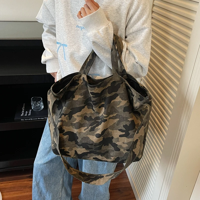 Camouflage Canvas Tote Bag Women Large Handbag Detachable Strap Multiway Shoulder Crossbody Bag Casual Travel Shopping Bag