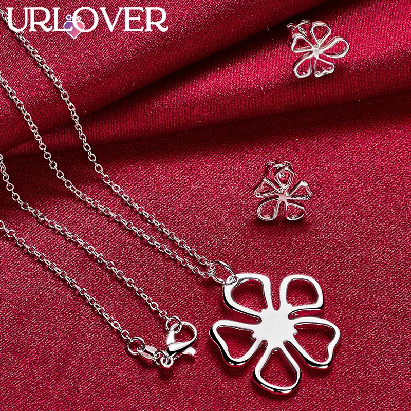 

URLOVER 925 Sterling Silver Flower Necklace Earring Set For Woman Fashion Charm Party Wedding Jewelry Lady Birthday Gifts