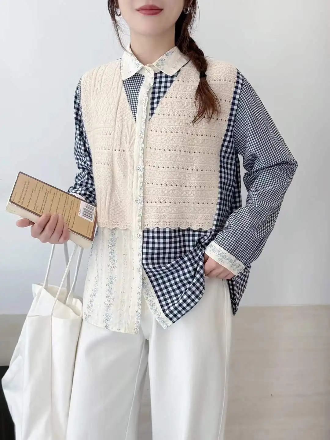 New 2025 Winter Cotton Long Sleeve Shirt, Women Lapel Woollen Patchwork, Mori Girl French Plaid Casual Loose Blouse T5N819CC