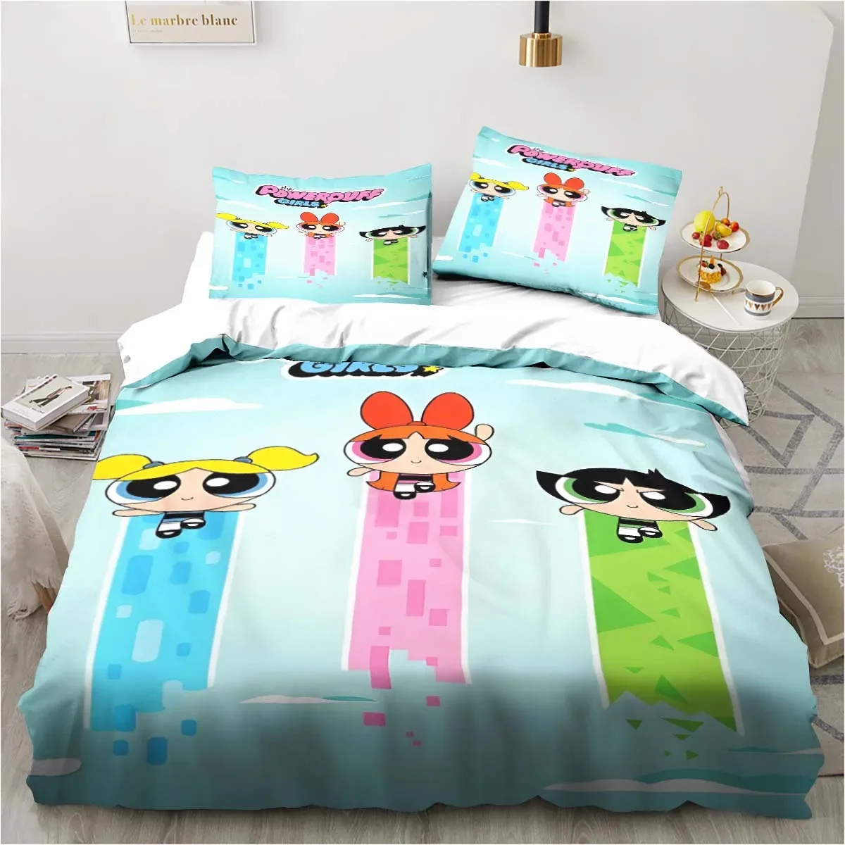 Powerpuff Bedding Set Cute Cartoon Single Twin Full Queen King Size Bed Set Three-piece Bed Set Soft Duvet Cover Pillow Case