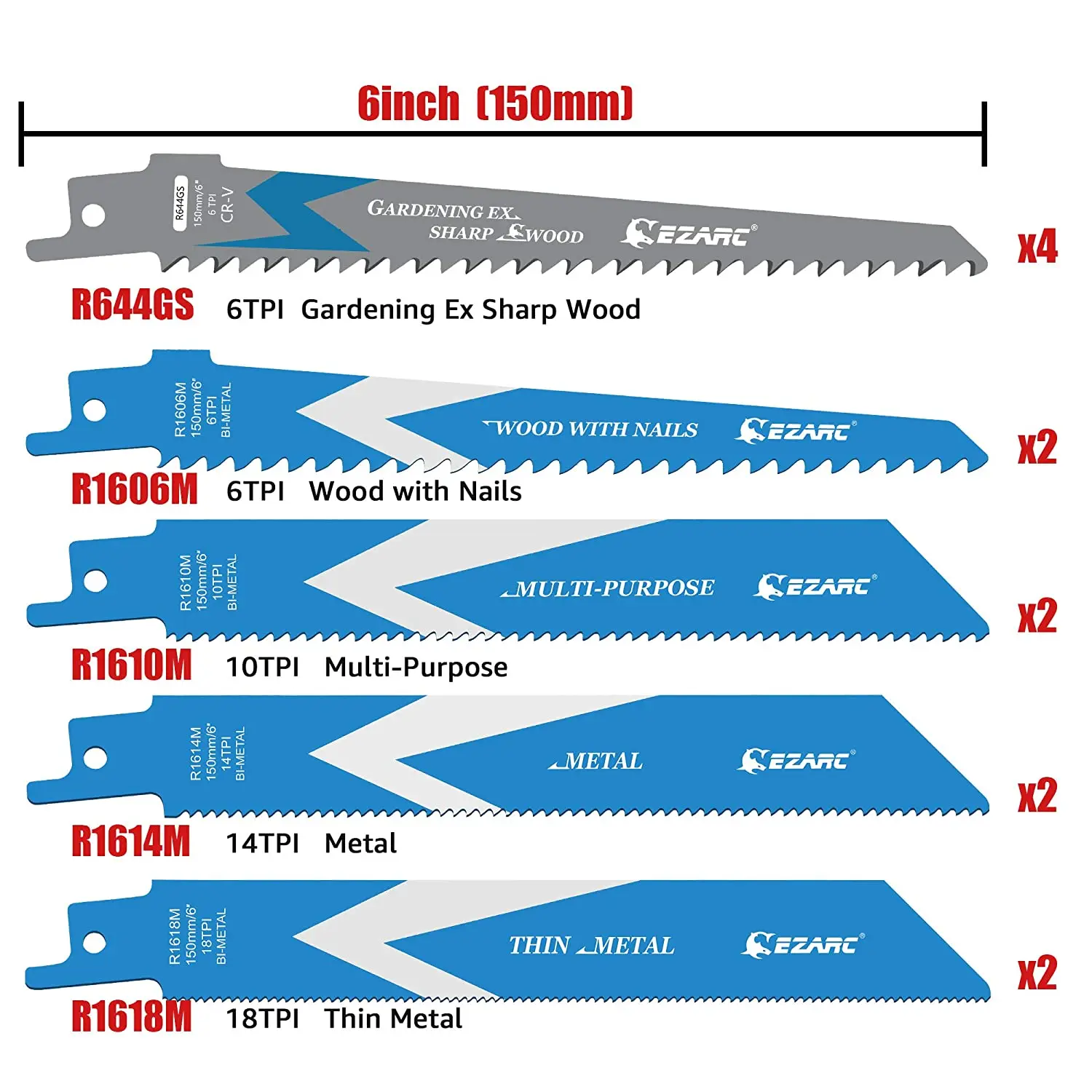 EZARC 150mm 12PCS Reciprocating Saw Blades Set BiMetal Demolition Sabre Saw Blade Set for Metal and Wood Pallet Cutting