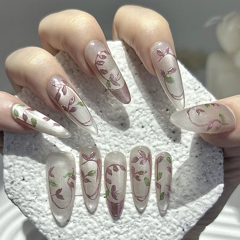 

10 Pieces French Highlights Cat Eye Long Almonds Handmade Press On Nails Skin Tone Branch and Leaf Art Fake Nails