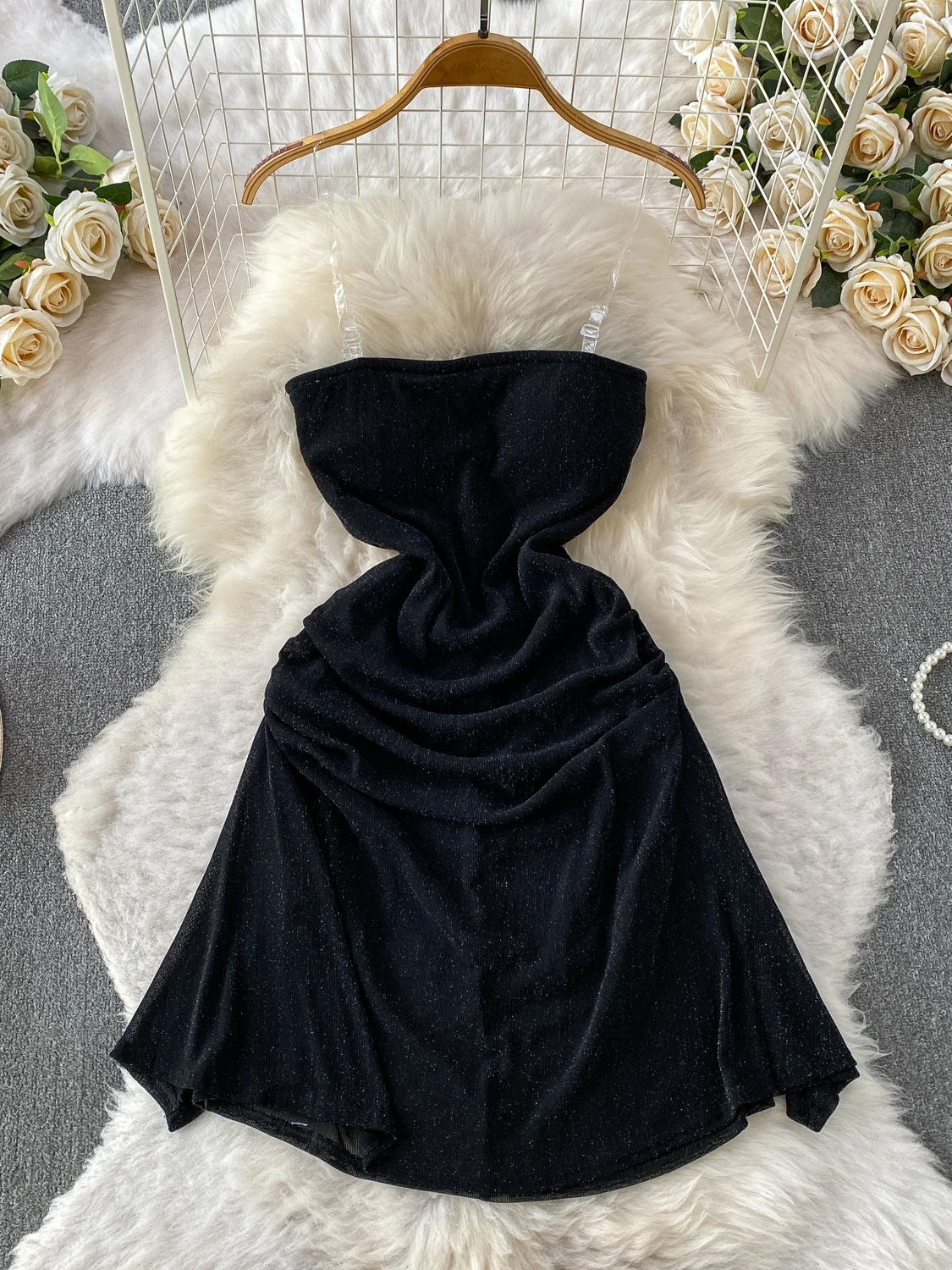 Pure Desirable Sexy Strapless Dress Women Summer Bright Thread Mesh Pleated Slimming A-Line Skirt Built-In Bra Pad Commute Style