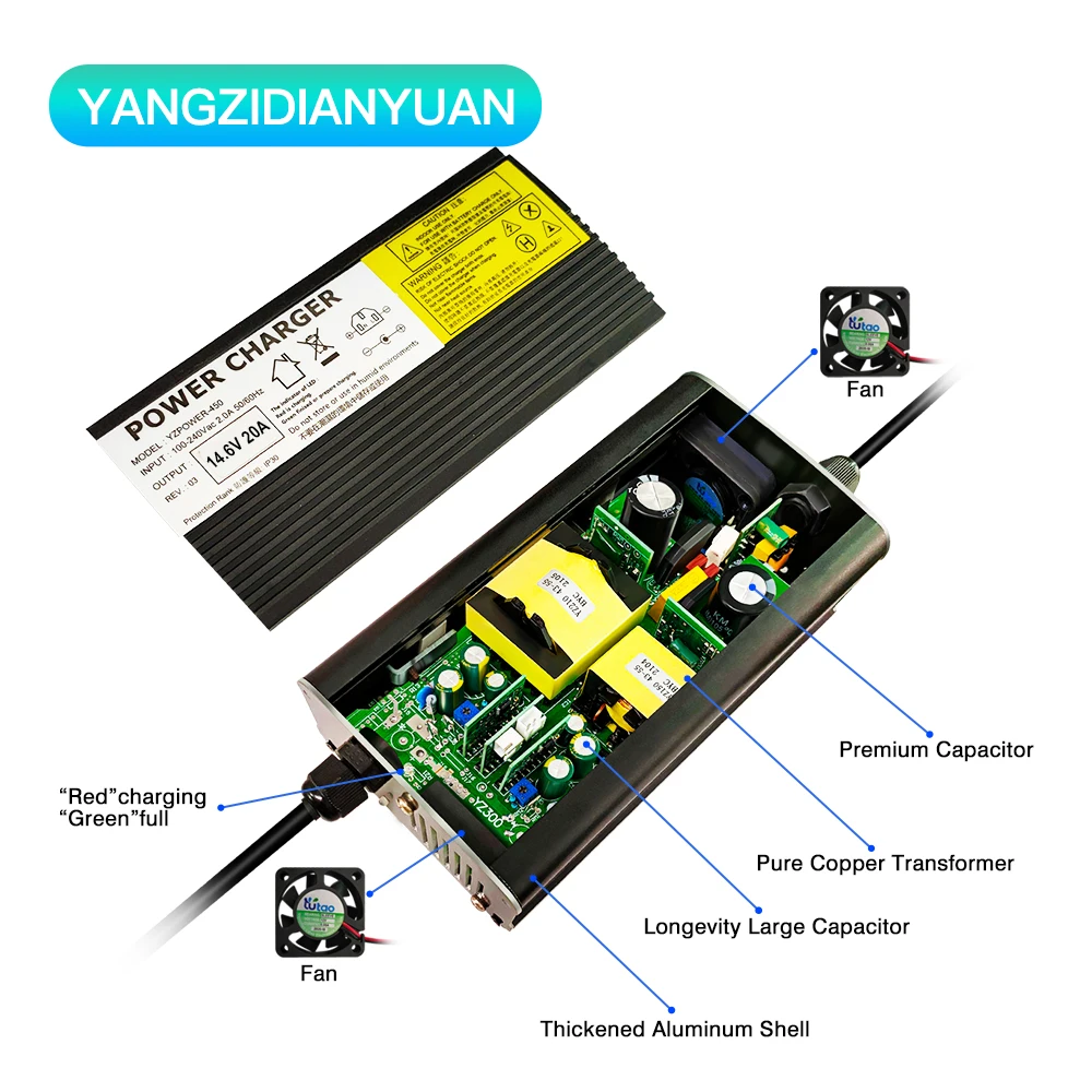 14.6V 20A 4S Lifepo4 Charger For 12V Lifepo4Lithium Battery Pack Electric Equipment Universal with Cooling Fan