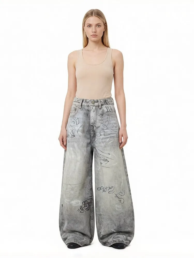 Graffiti Bleached Washed Vintage Gothic Loose Distressed Grunge Women's Cargo Jeans Pants Trousers for Women Men Streetwear