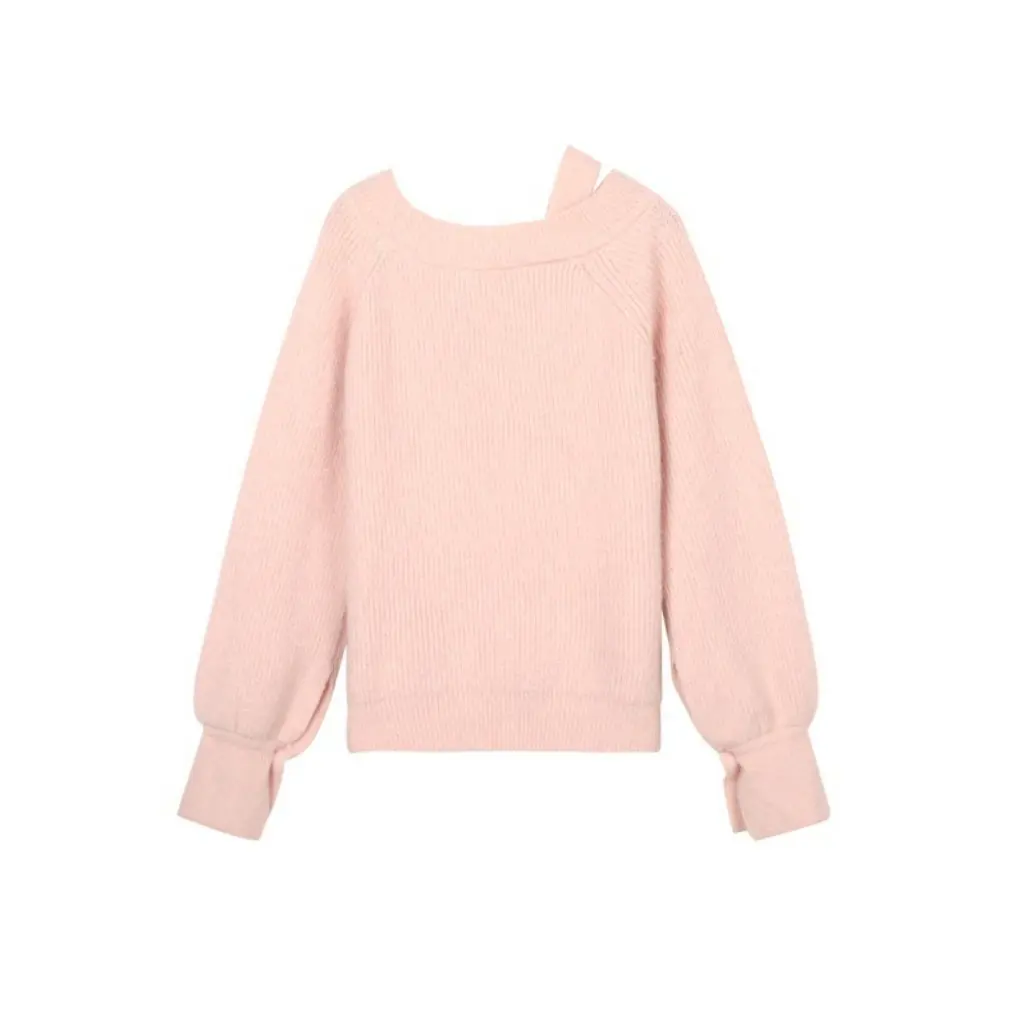 Damski sweter na jesień i zimę z odkrytymi ramionami, delikatny temperament, pojedynczy pasek, luźny krój, jednolity kolor, swobodny top.