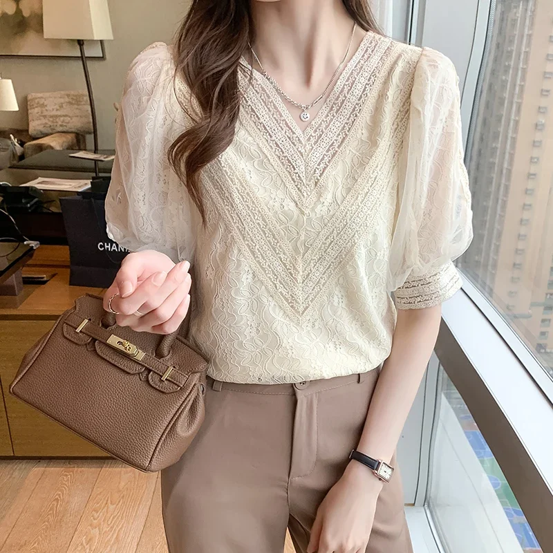 Summer Women V-Neck Lace Blouse Shirt Women Tops Short Sleeve Blouse Women Blusas Mujer De Moda 2024 Verano Blouses Femme E792