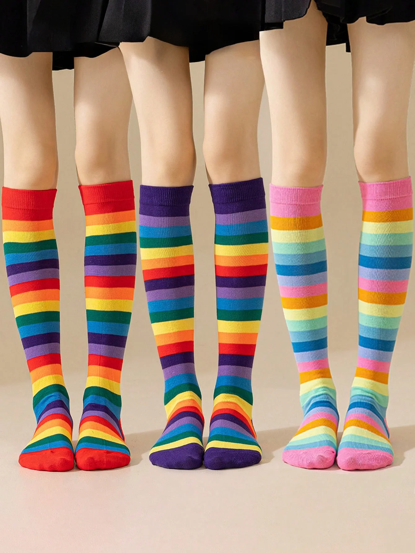 2/1 Pairs of Girls' Rainbow Mid-Calf Socks, Soft Breathable Kids Colorful Striped Tube Socks for 2-9 Years Children's Daily Outfit