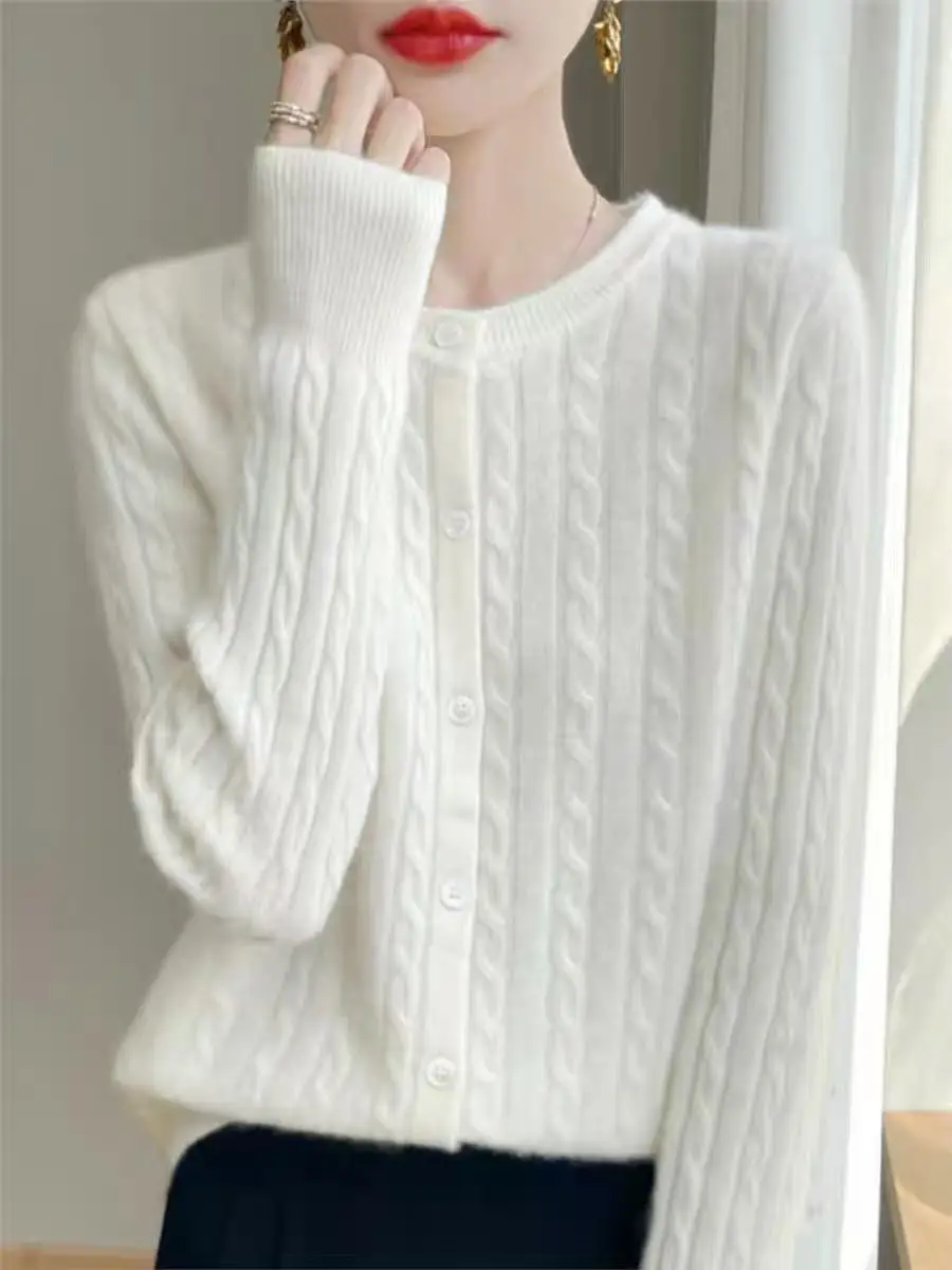 Ay malha bordada redonda Ne Open Cardigan Outerwear botão único primavera outono suéter top simples solto sle longo S...