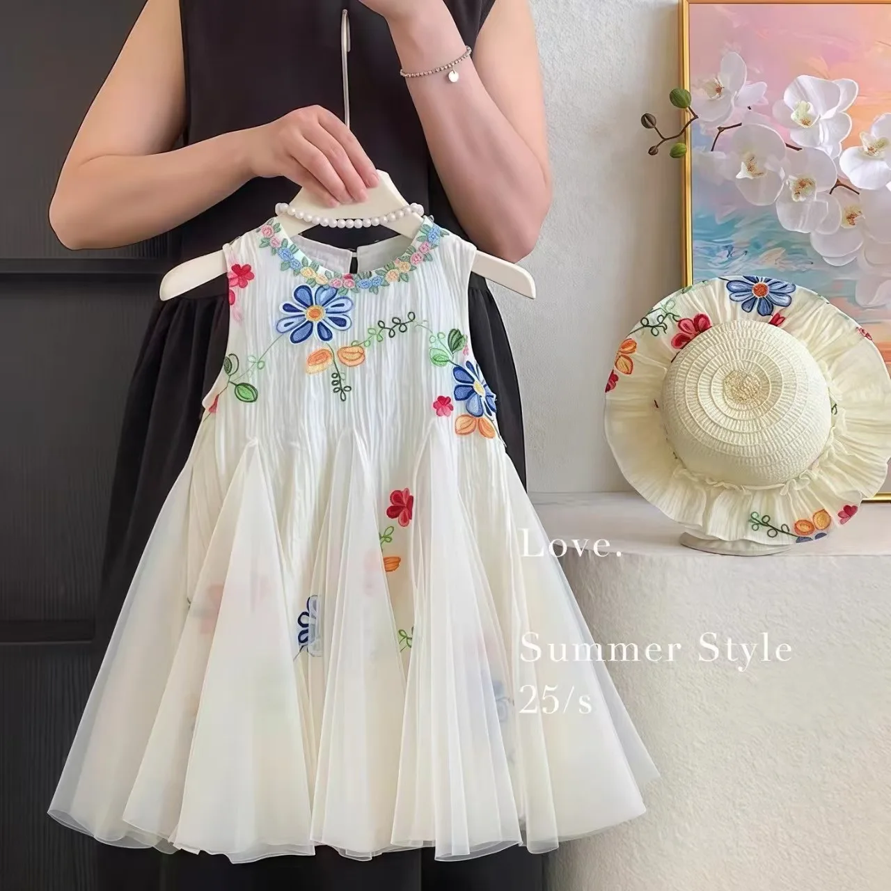 Girls Embroidered Flower Sleeveless Dress – Summer Princess Tank Gown for Toddlers, Casual Vacation Outfit