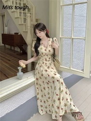 Vintage Floral Dress Women Elegant Lace Chiffon Korean Party Dress Puff Sleeve V Neck Midi Dress Fall Dresses for Women 2024