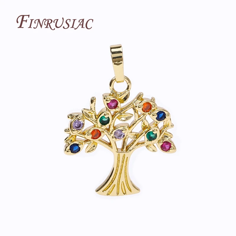 Trendy Inlaid Colored Zircon Tree Pendants 18K Gold Plated Brass Round Charms Jewelry Making Supplies DIY Necklaces Accessories