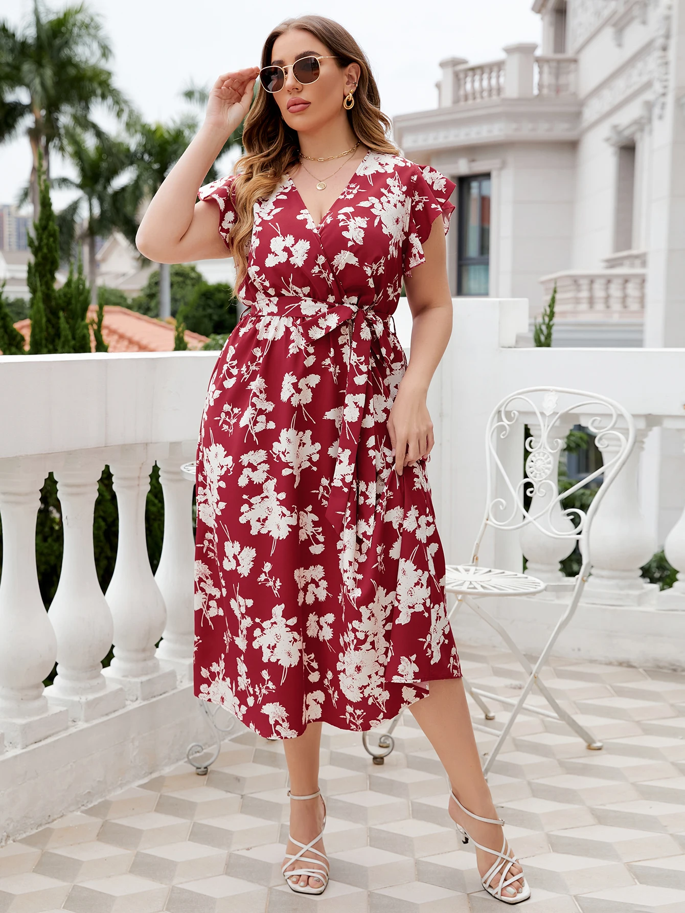 Women Spring Summer Short Sleeve High Waist Plus Size Dress Casual Fashion Floral Pleated A Line Large Size Long Dress