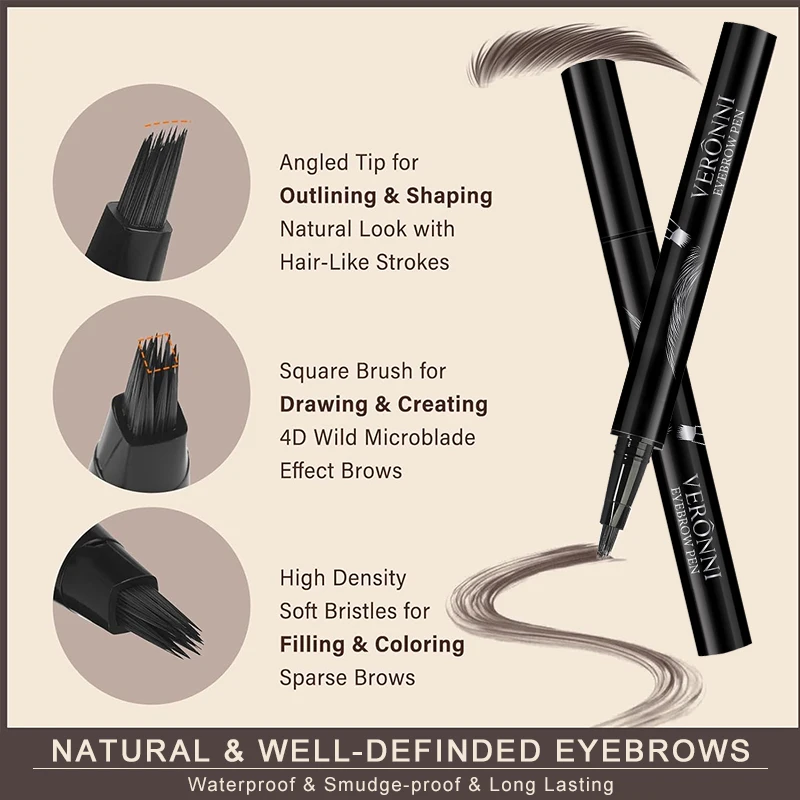 Waterproof Liquid Eyebrow Pen - Smudge Proof, Fine Tip, Natural Look, Long Lasting, Easy to Use for Thin Hair Strokes & Defined