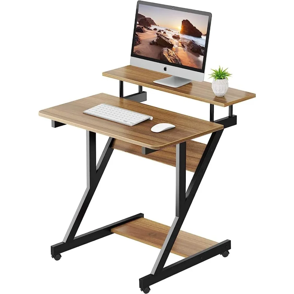 Computer Desk for Small Spaces, Z-Shaped Computer Desk, 27.5 Inch Desk with Monitor Stand, Storage Shelf, Space-Saving Desk