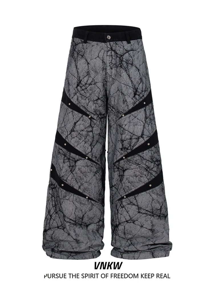 

k Sle Rivet Splicing Jeans Work Pants Men Women High Street Punk Wide Leg Match Long Pants Casual Straight Tube Jeans