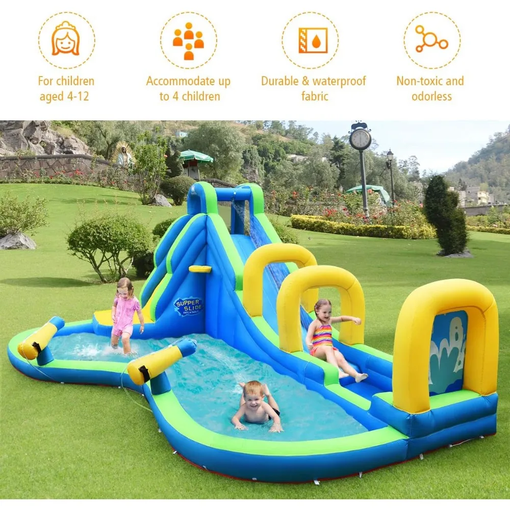 Inflatable Water Slide, 16x12FT Mega Waterslide Park for Backyard w/Adventure Long Slide, Big Splash Pool, 750W Blower