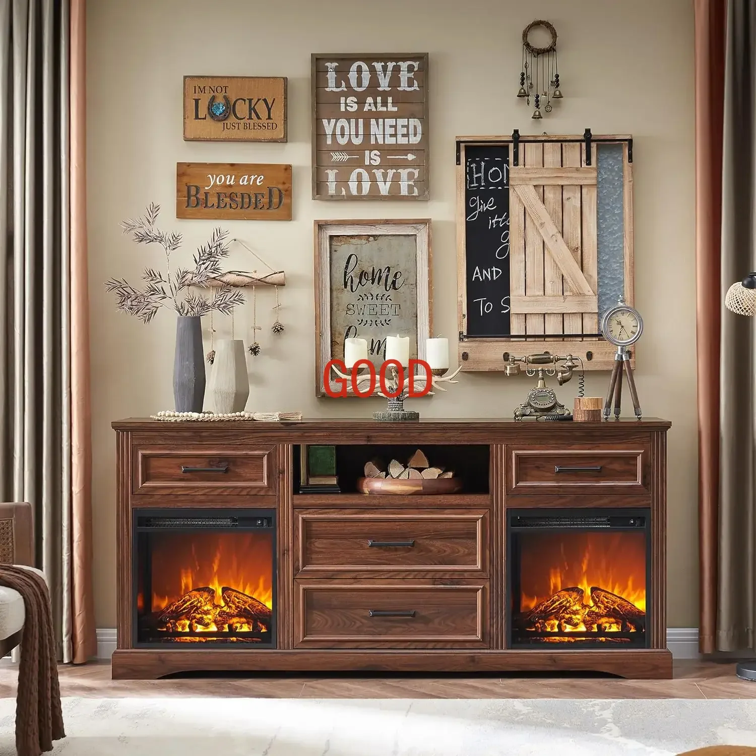 

Farmhouse Double Fireplaces TV Stand for TVs Up to 80 inches, Rustic Entertainment Center with 4 Large Drawers, Large TV Console