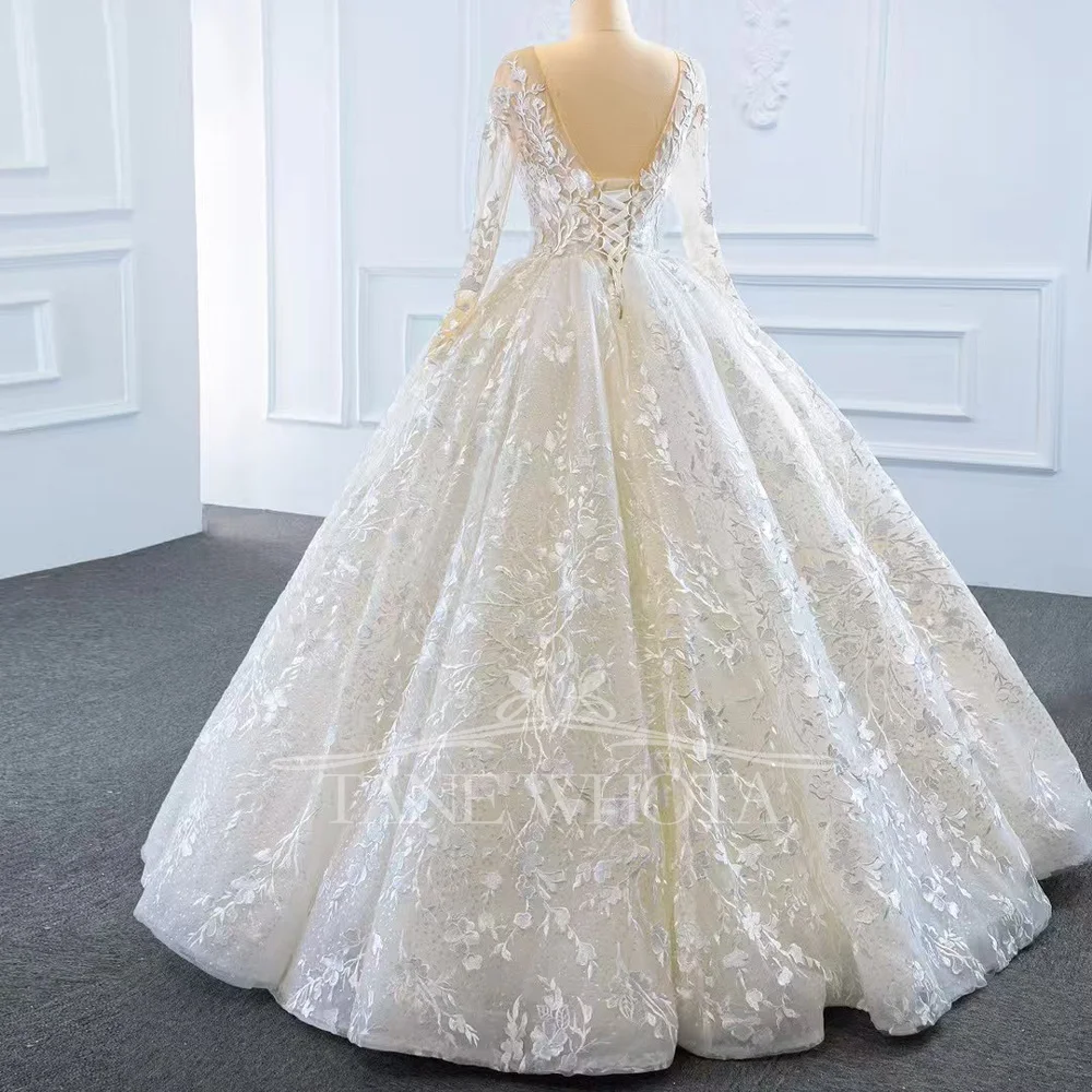 2026 Customized Elegant Civil Wedding Dress O-Neck Long Sleeve Sexy Embroidery Lace Up Back Bridal Gown