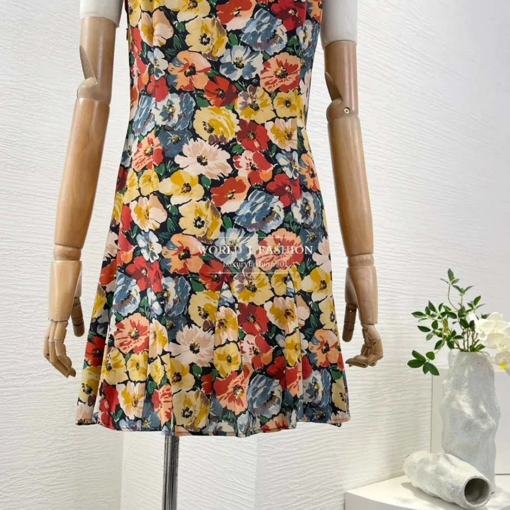 

Blue Color Floral Print Sleeveless Ruffles Frilled Mini Dress Silk