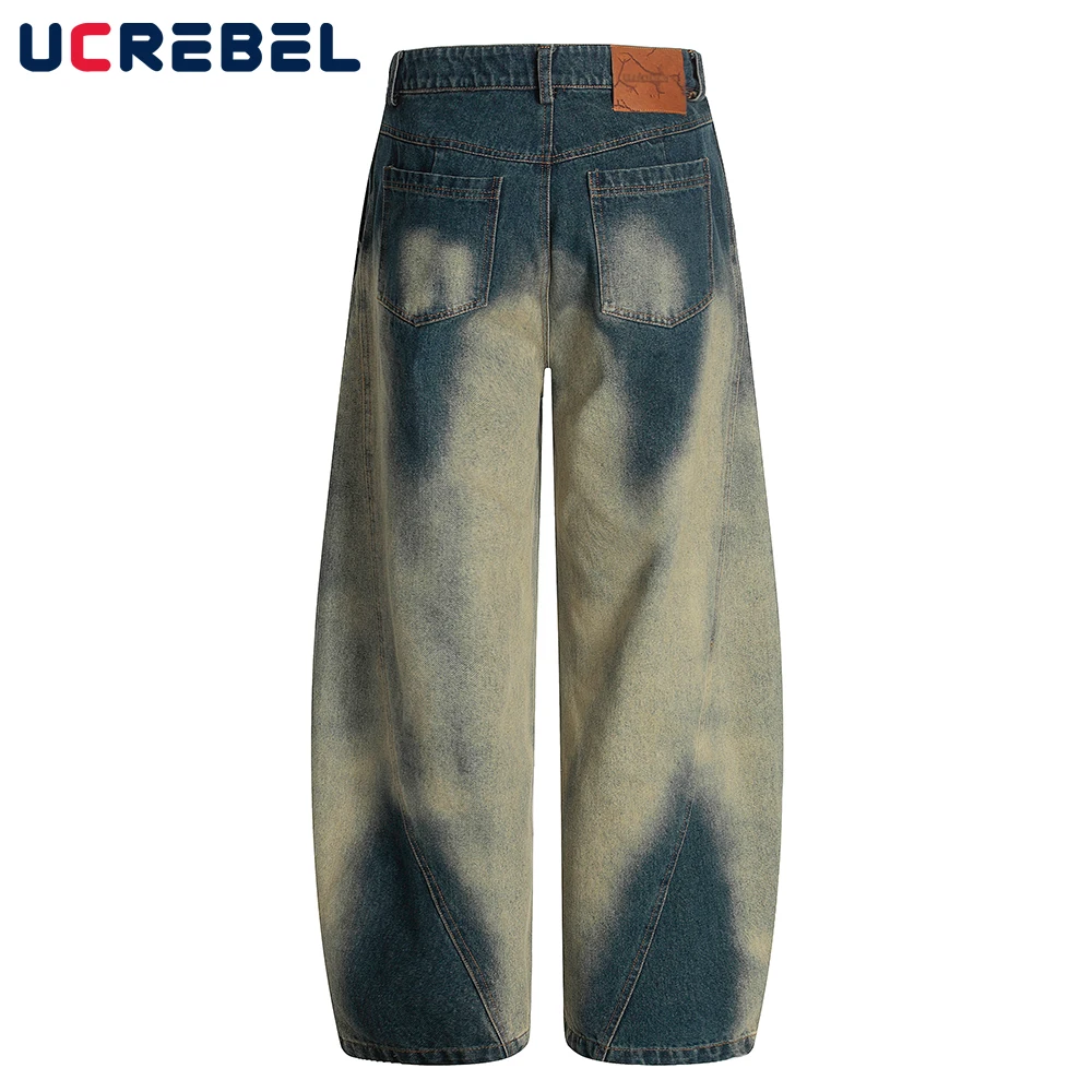 グラデーション染めスプライスバナナジーンズメンズヒップホップストリートワイドレッグバギーデニムパンツメンズ