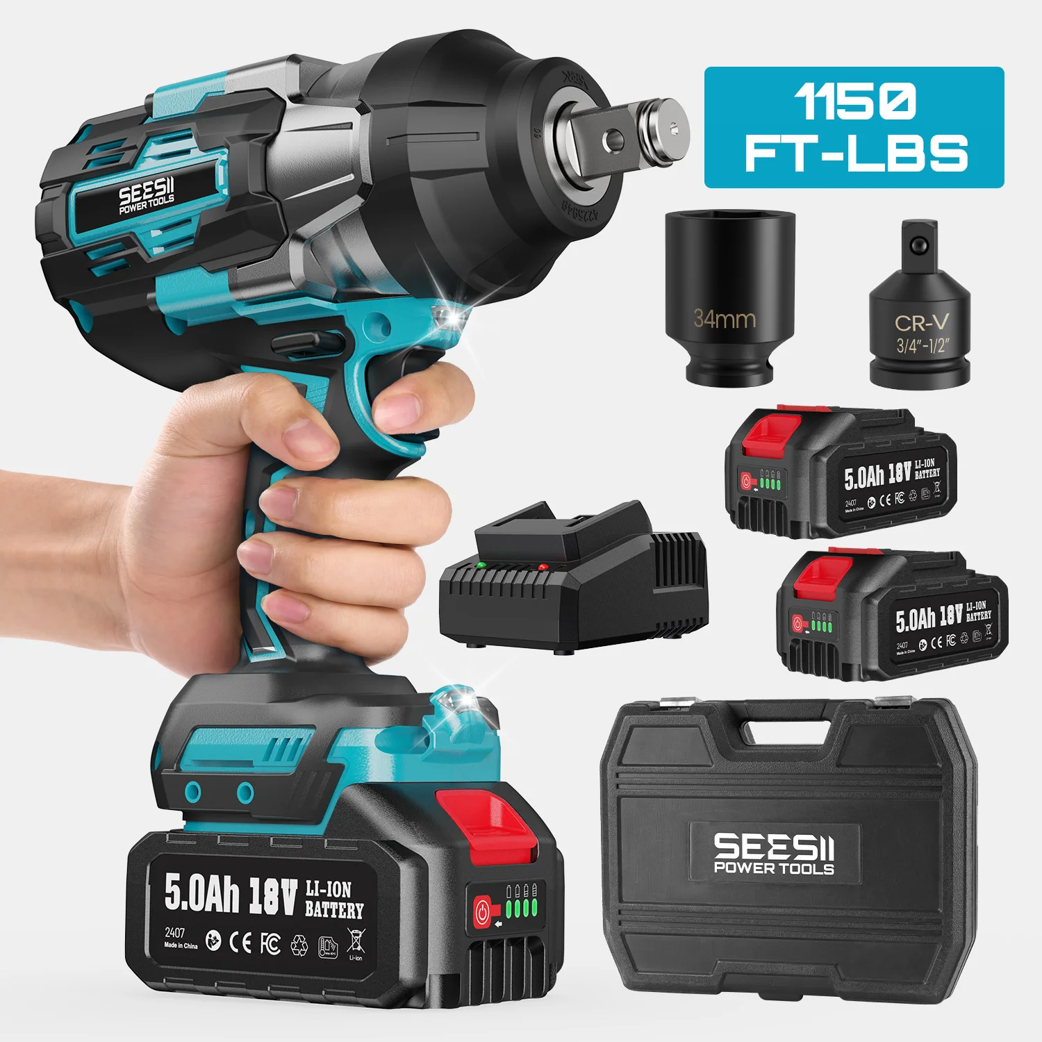 SeeSii 1600N.m Kabelloser Schlagschrauber Elektrischer Bürstenloser Hochdrehmoment-Schlagschrauber-Kit mit 3/4" zu 1/2" Adapter 2*5,0 Ah Akkus für Auto und LKW