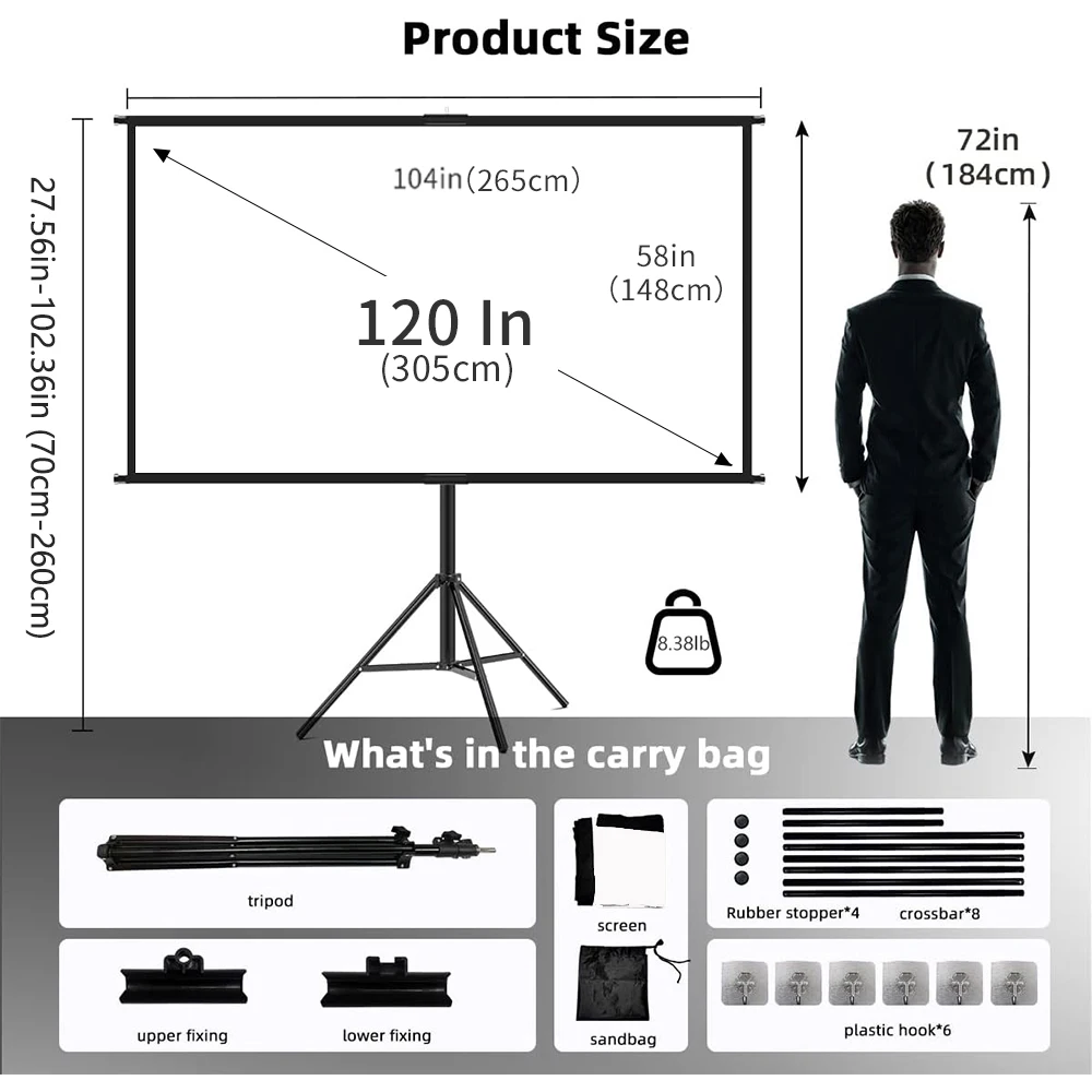 VEIDADZ projectorscherm met standaard opvouwbaar wit kreukvrij 60-120 inch 16:9 scherm met tas voor thuisbioscoop binnen buiten